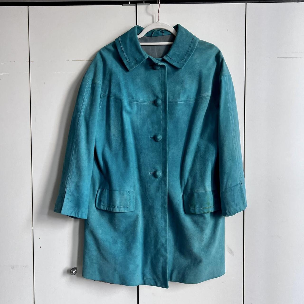 Vintage turquoise suede leather trench coat /... - Depop