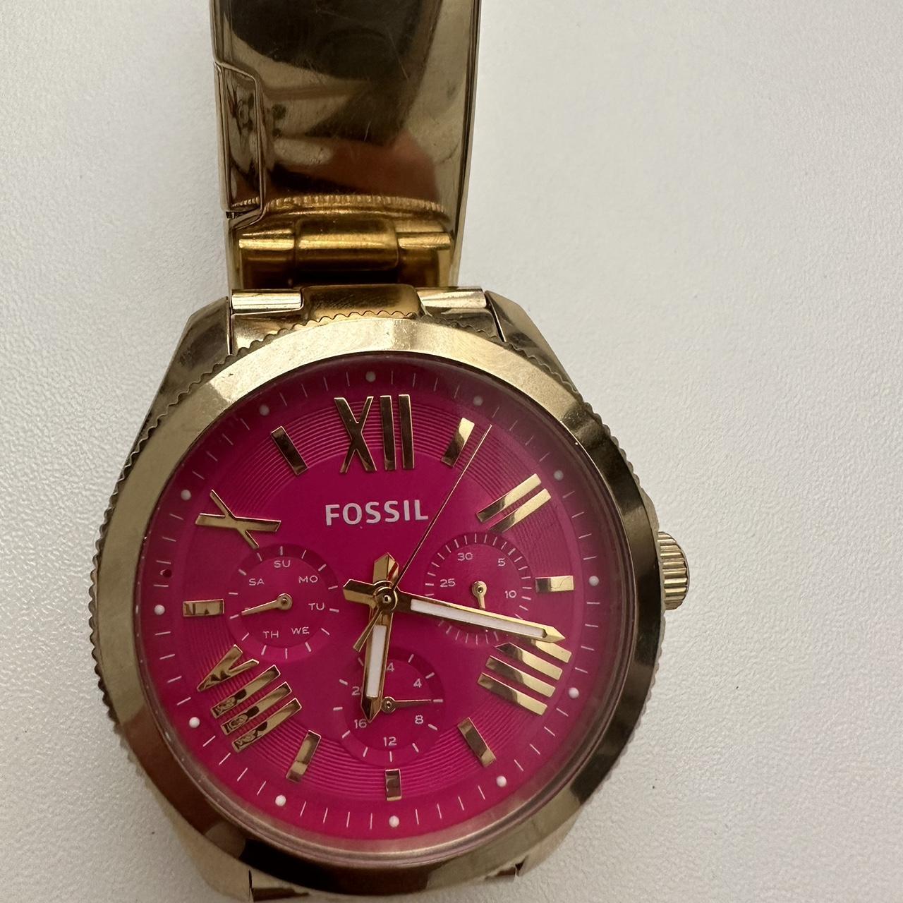 Silver fossil watch with clearance pink face