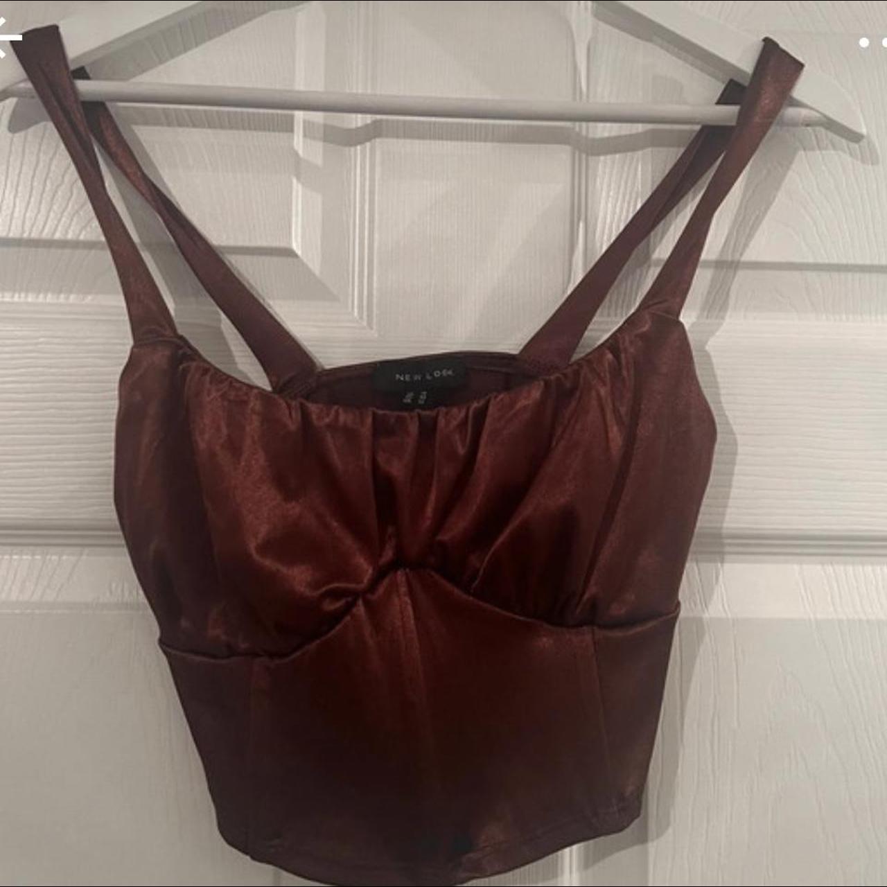 Cropped brown satin corset style top. Size 16 but... - Depop