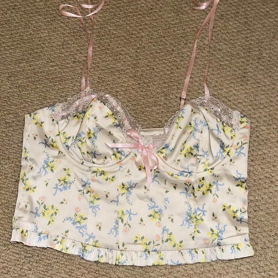 For love and lemons floral bustier top - pink bow - Depop