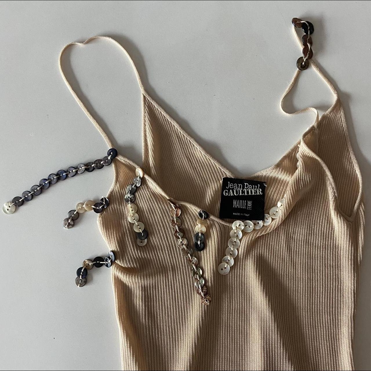 【Jean Paul Gaultier】 Glitter-embellishedコットンニットビー Crystal-embellished printed mesh top in blue - Jean Paul