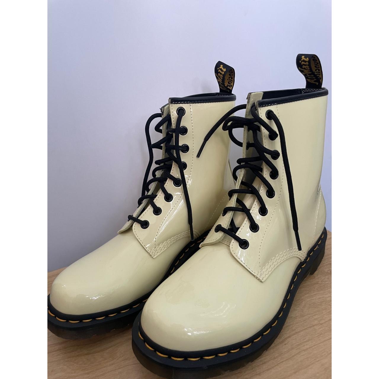 cream colored patent leather doc martens brand