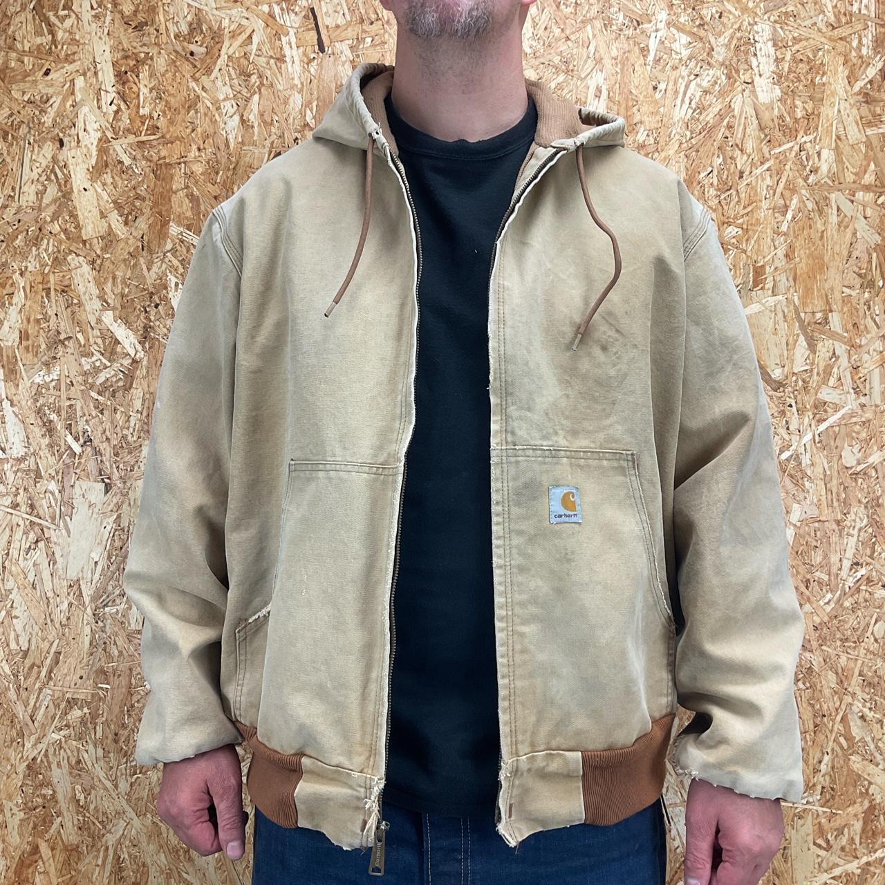 Carhartt hooded work jacket in tan. Carhartt logo to | Depop