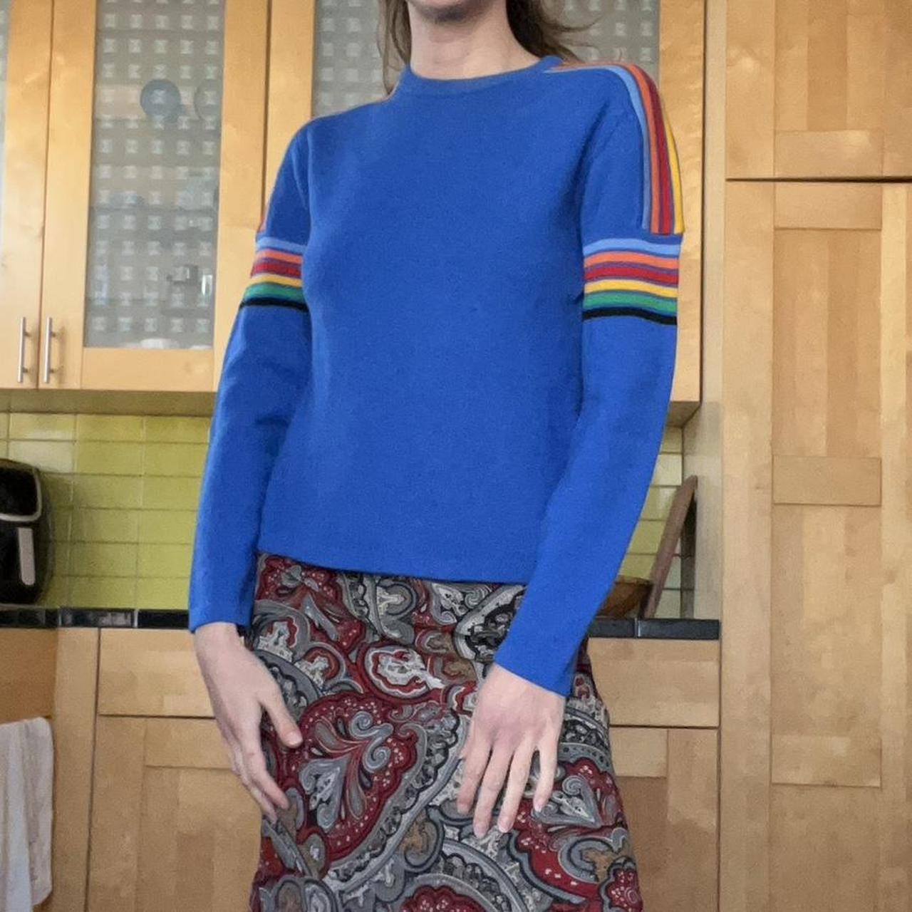 Blue sweater discount with rainbow shoulders