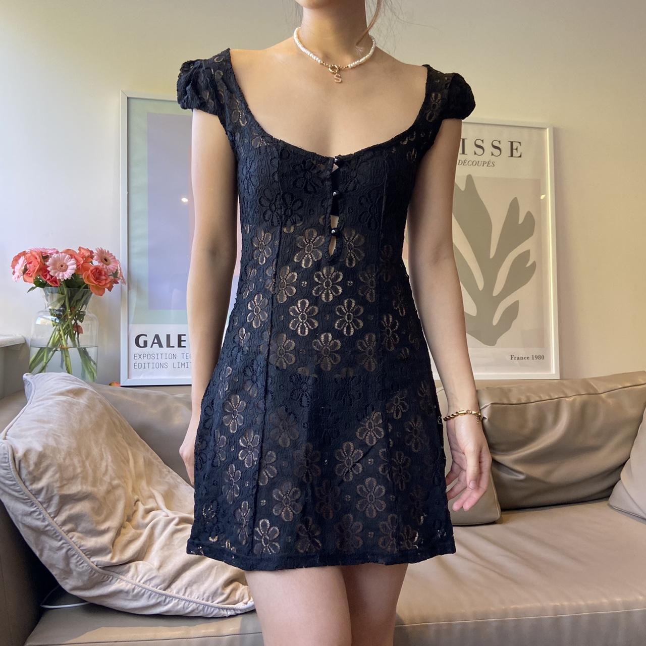See through translucent lace mini dress with puff... Depop