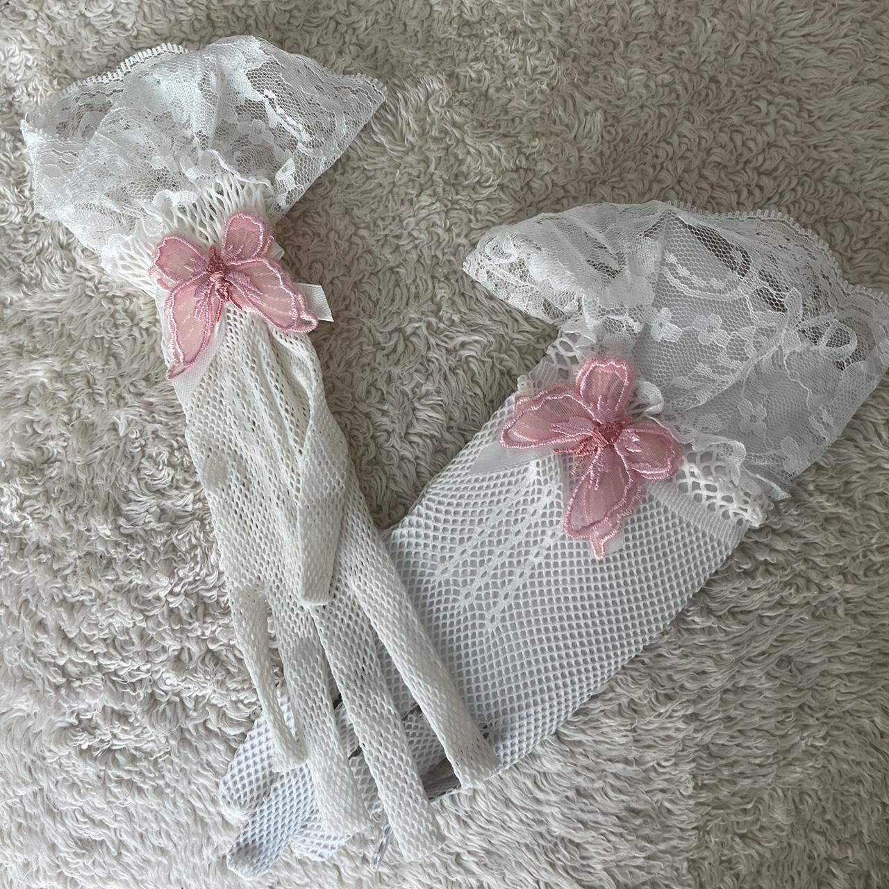 Dolls Kill Women's Pink and White Gloves Depop