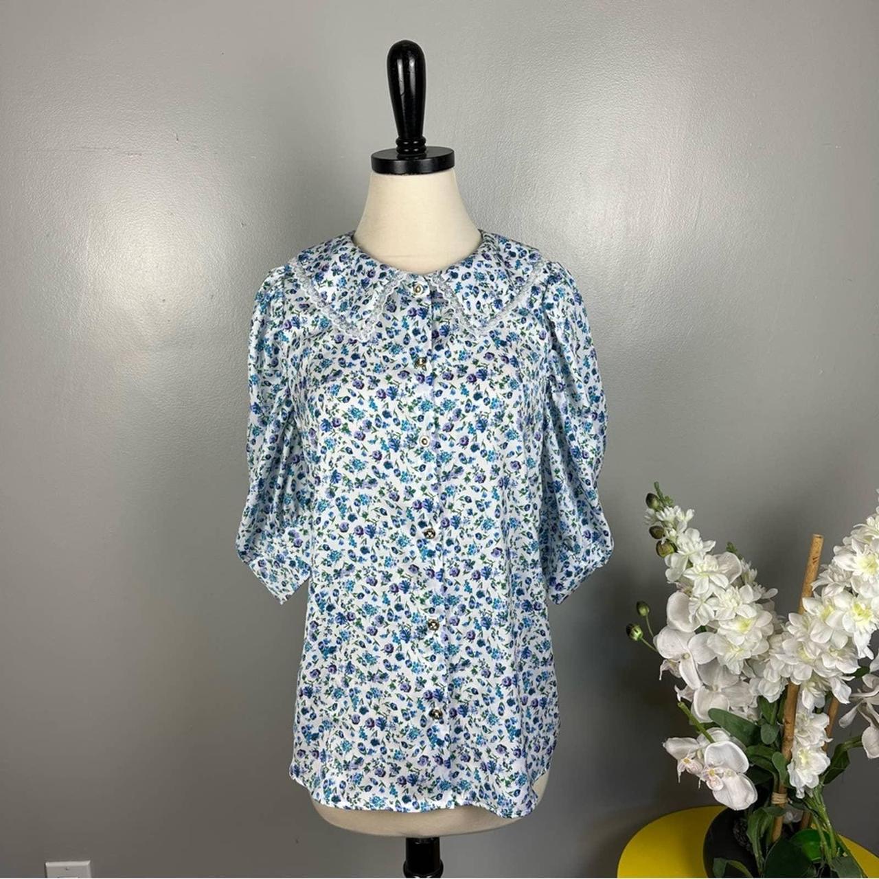 H by Halston Women's Blue and White Blouse | Depop