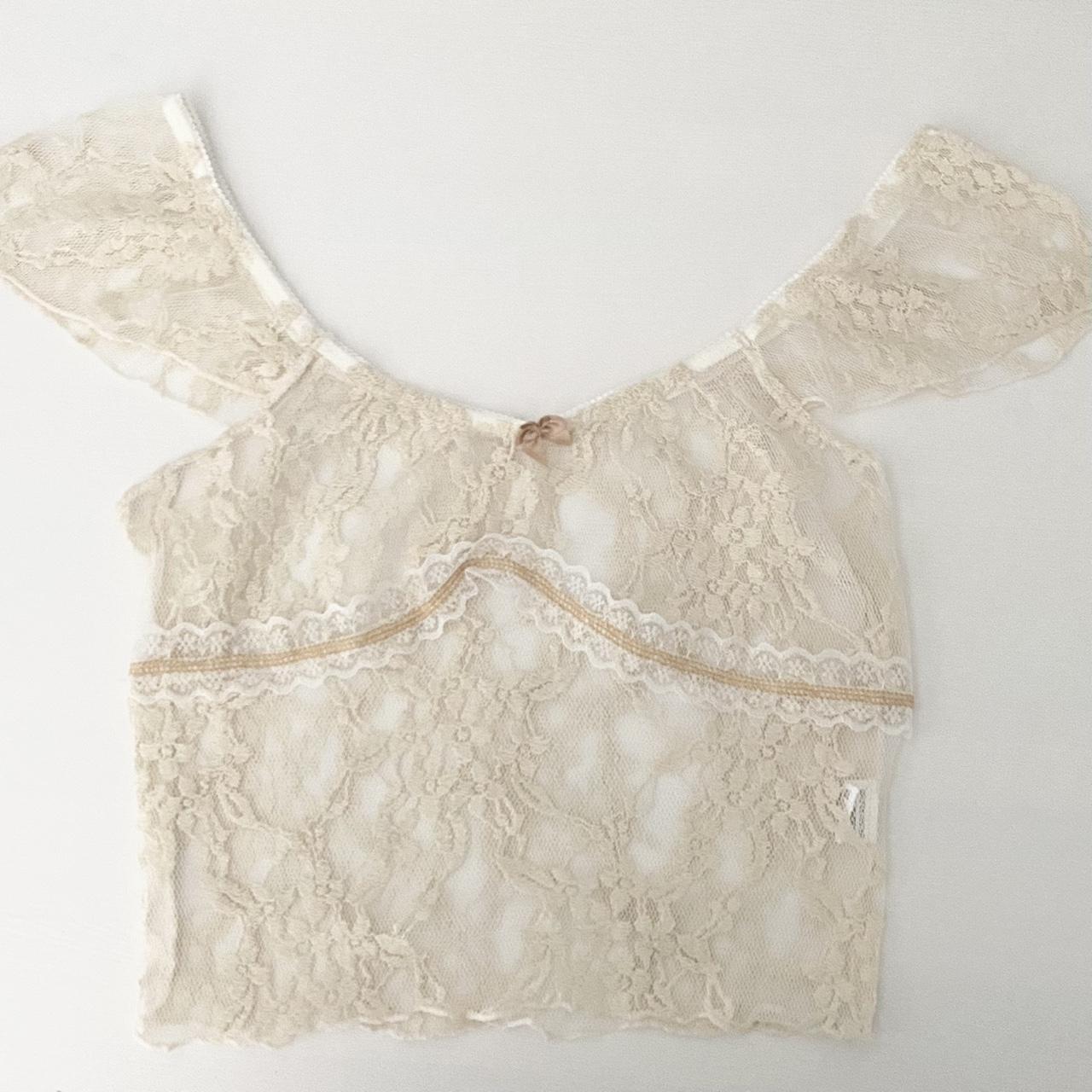 cream sheer lace bow detail crop top never worn - Depop