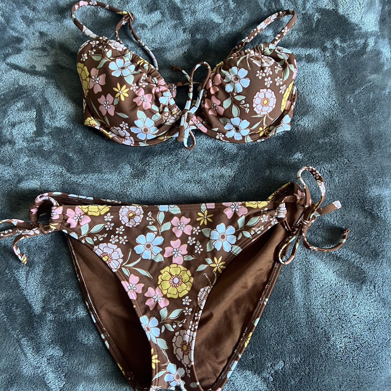 Hollister Bikini Brown Floral Top and Bottom Size S Depop