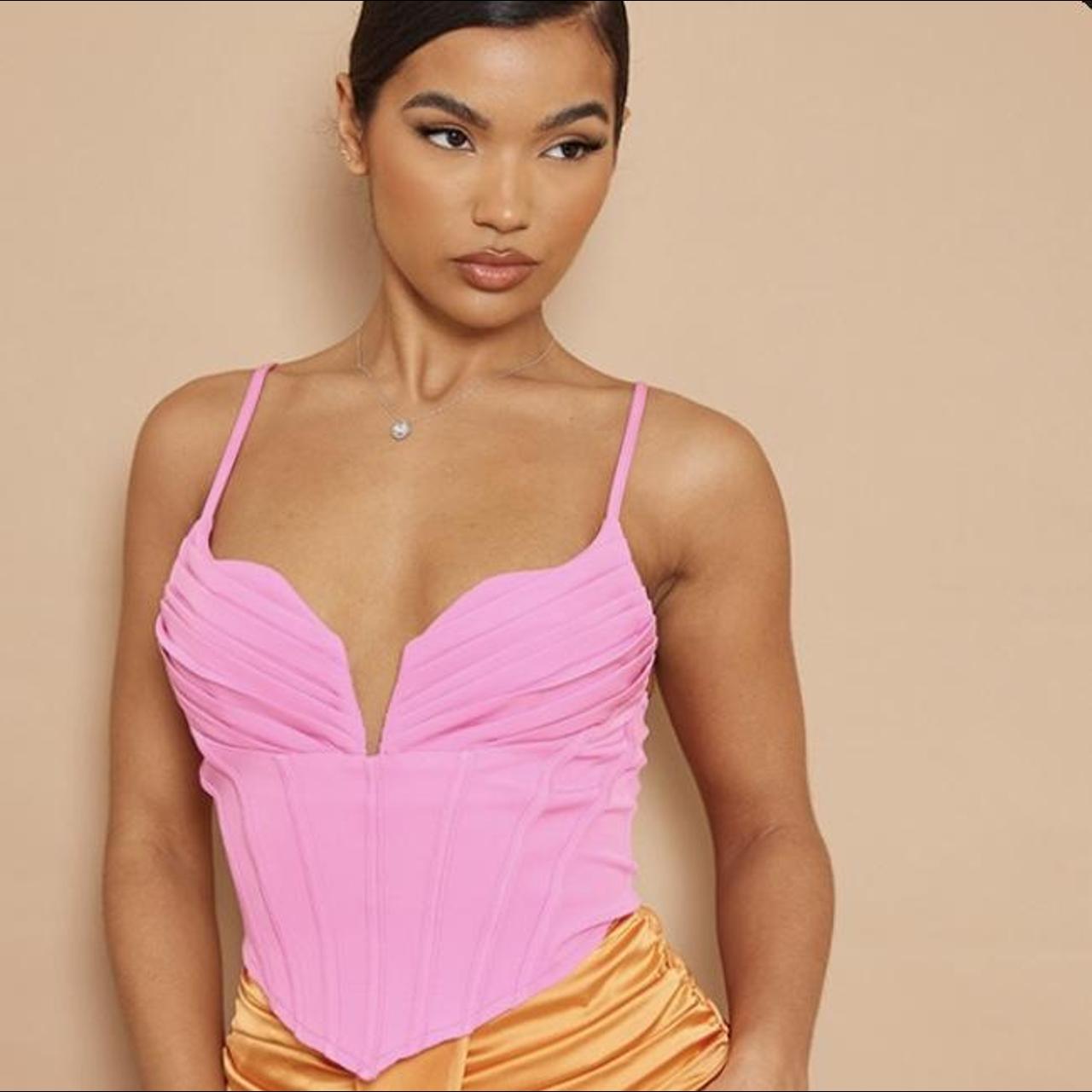 Pink Strappy Pleated Bust Corset Detail Crop Top