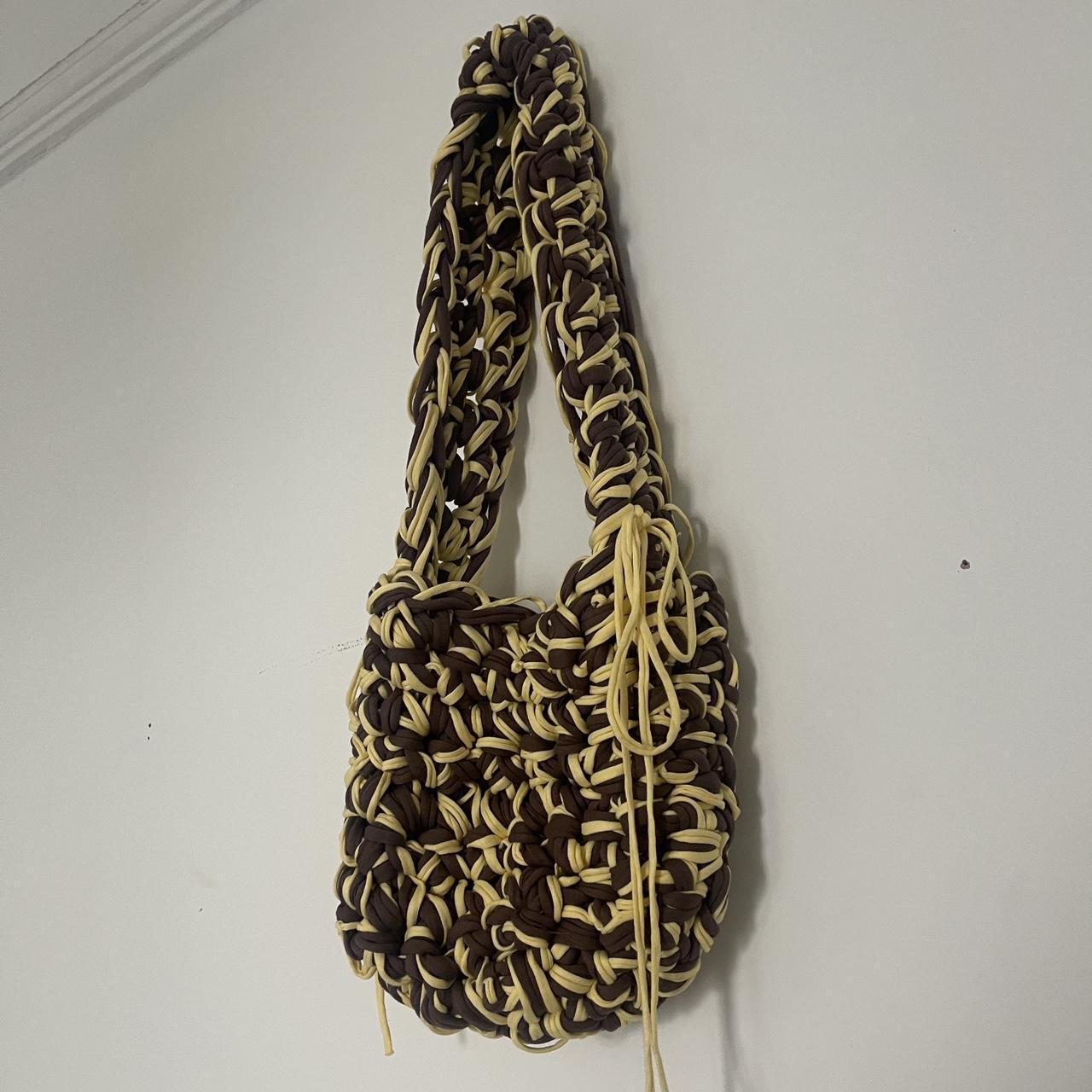 Brown and yellow crossbody crochet sling bag... - Depop