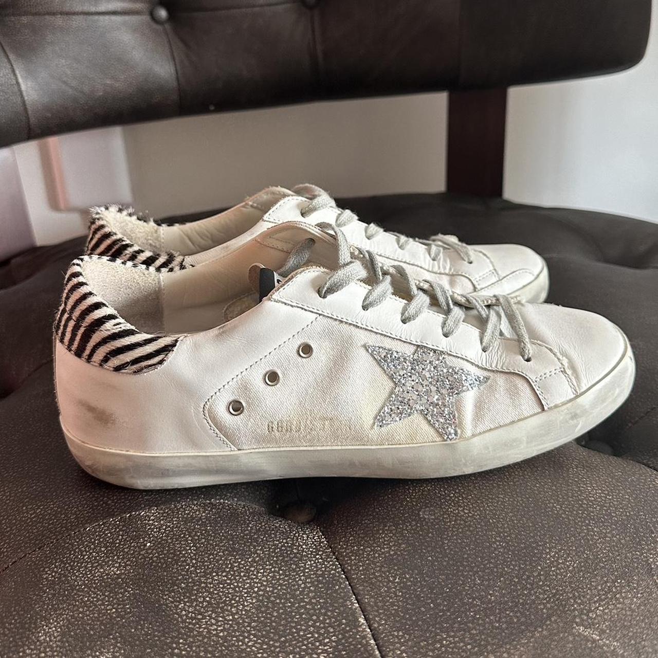 Silver glitter golden goose! Zebra print on the back... - Depop