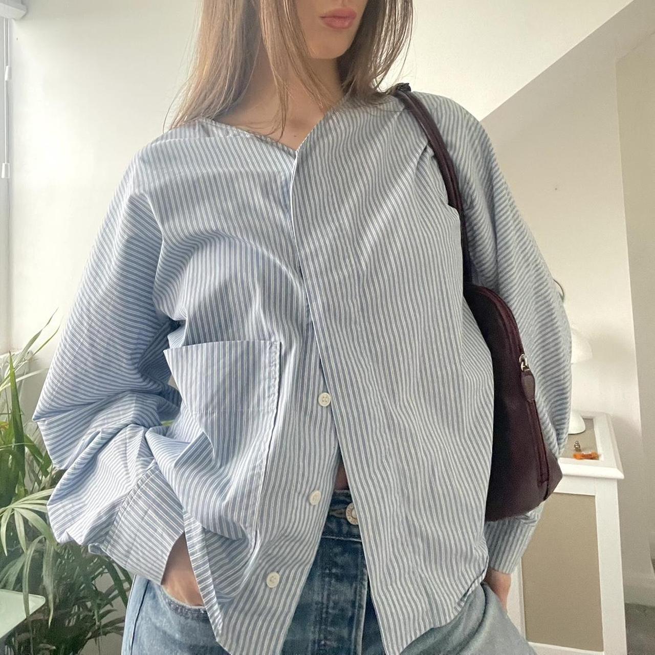 Blue and white pinstripe COS shirt with oversized... - Depop