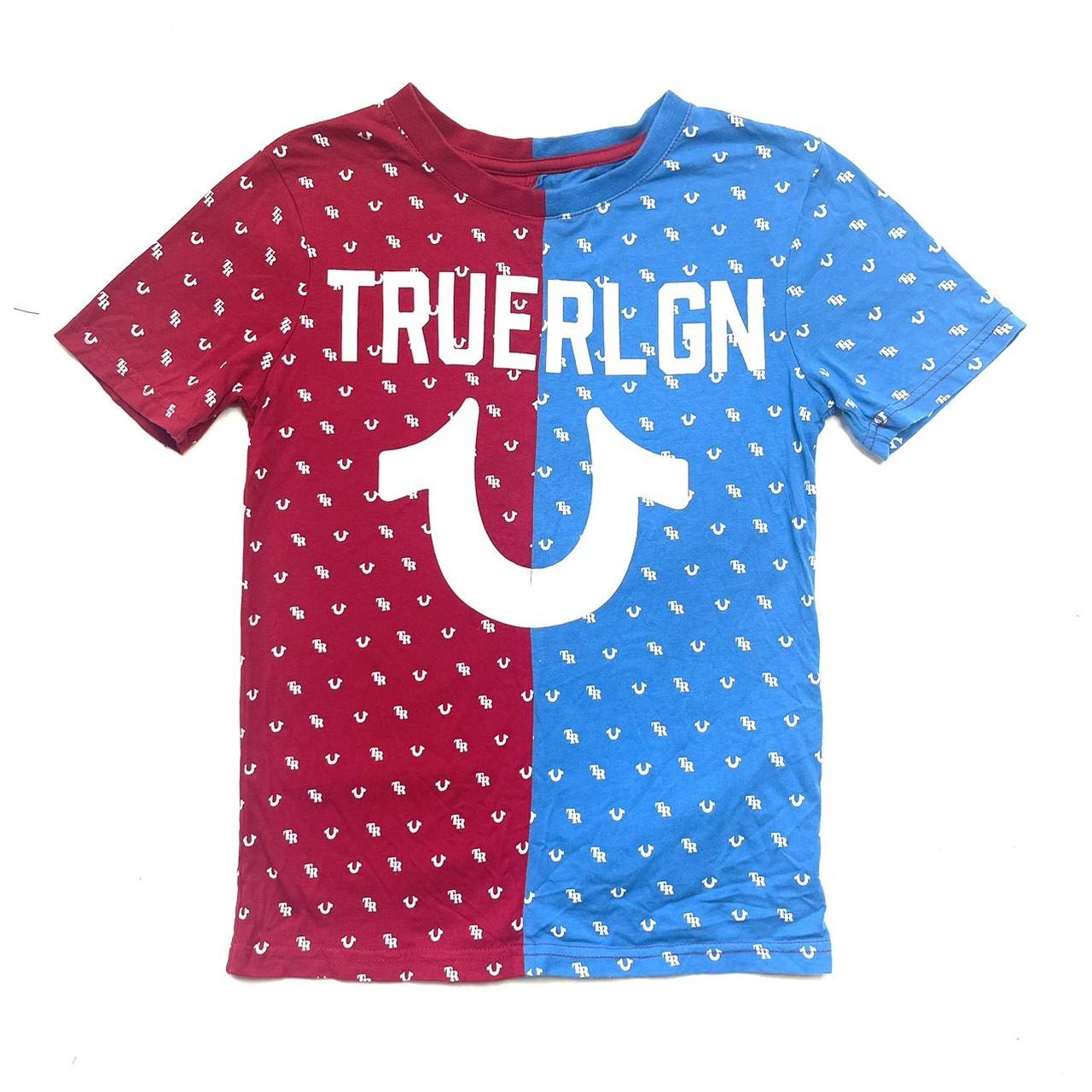 red and blue true religion shirt