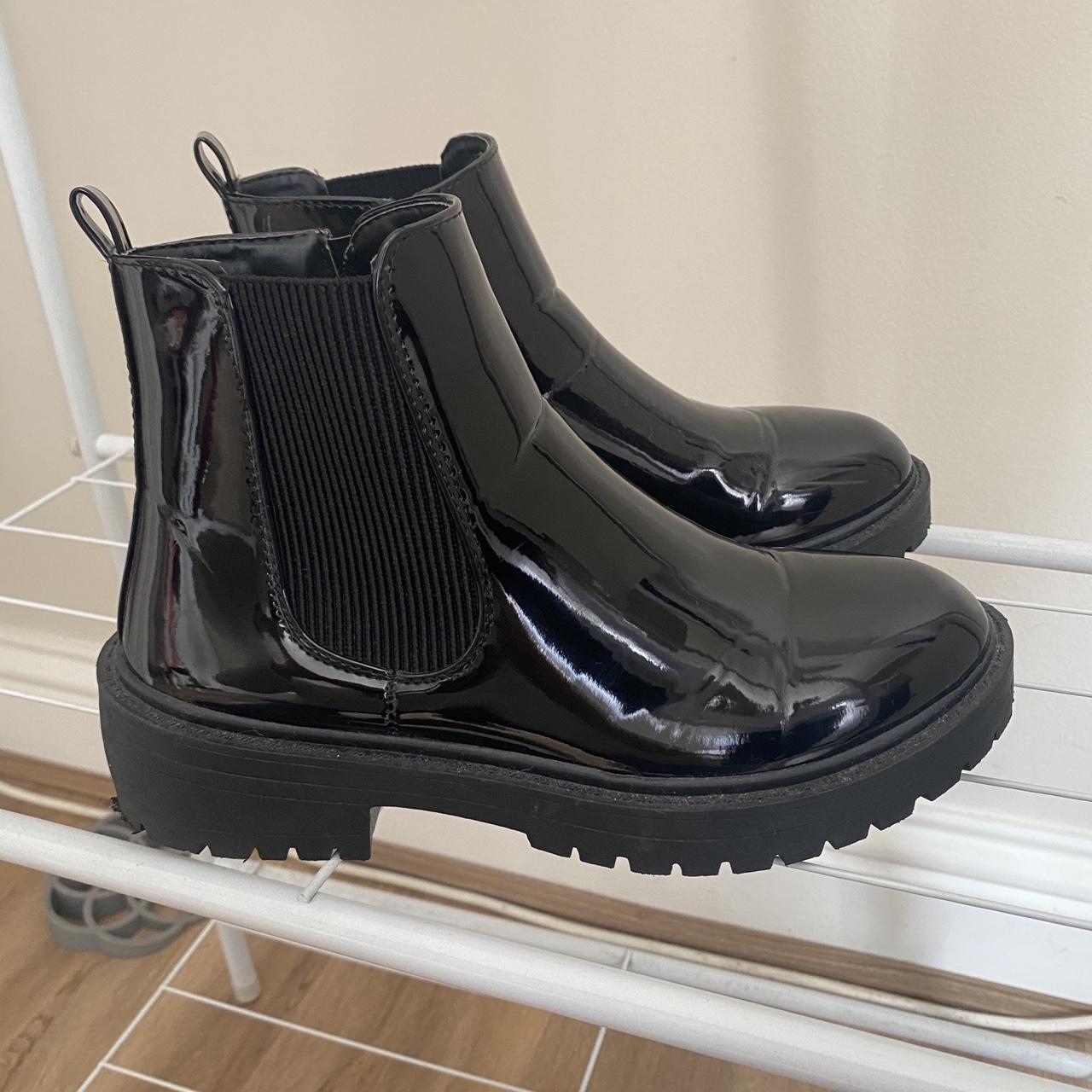 Shiny black chelsea boots chunky black boots ankle... - Depop