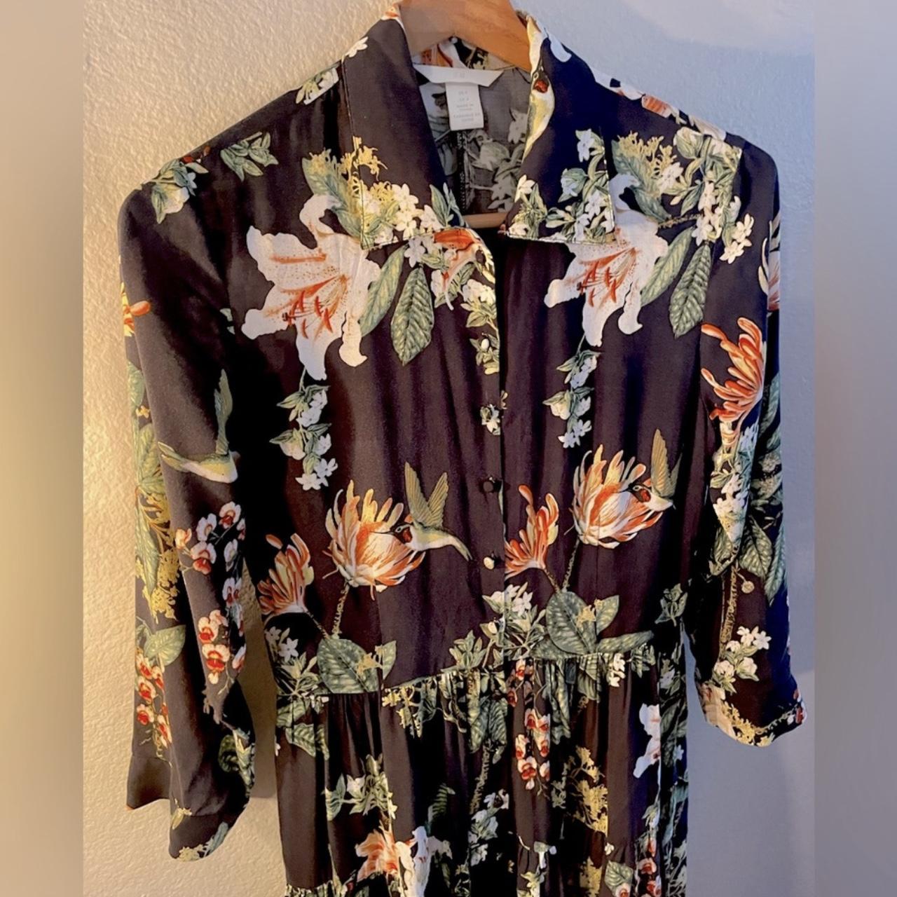 H&M Dark Gray Floral Birds Button-Down Pleated Shirt... - Depop