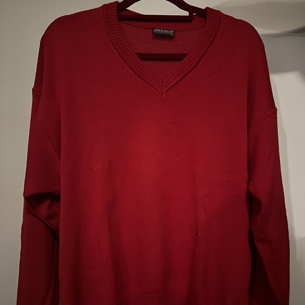 Oversized V neck red jumper Knitted logo as seen in... - Depop