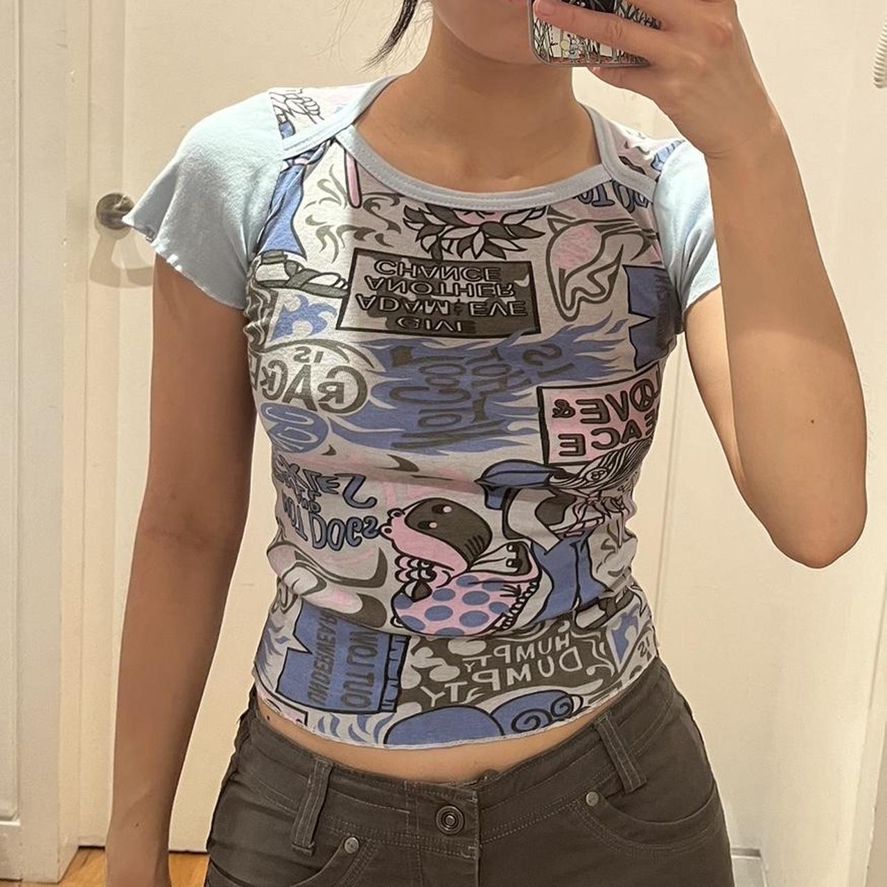Baby blue short capped sleeve baby tee stretchy mesh... - Depop