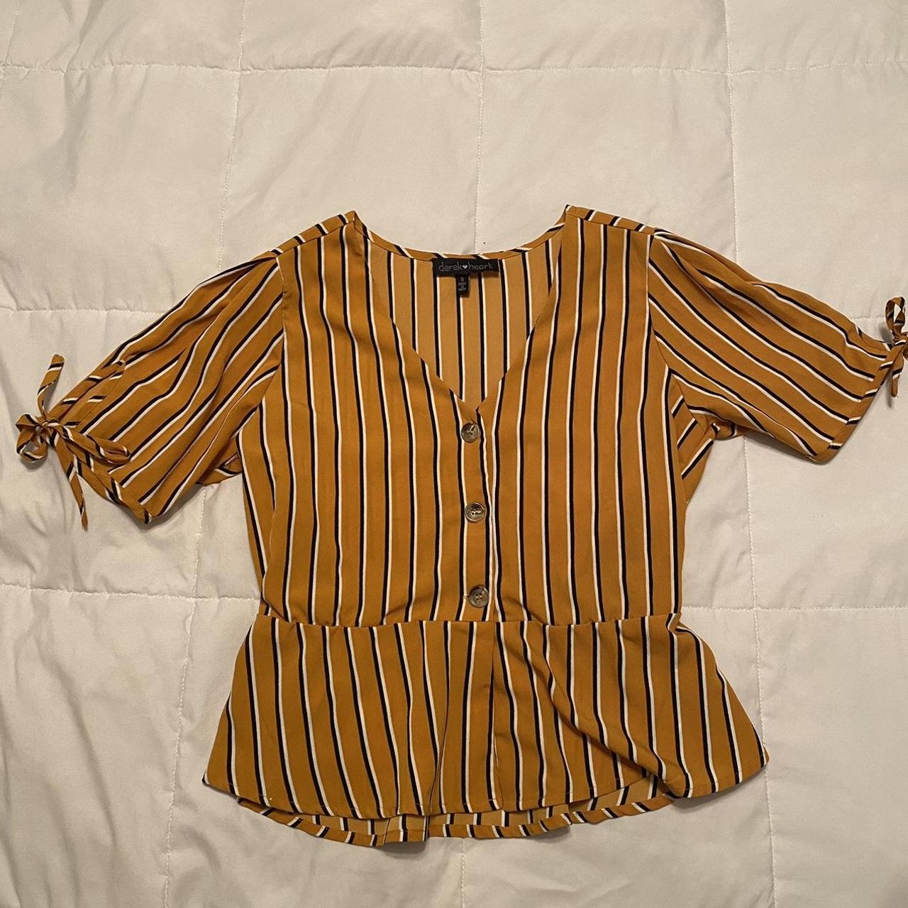 YELLOW STRIPED SHORT SLEEVE TIE SLEEVE BLOUSE size:... - Depop