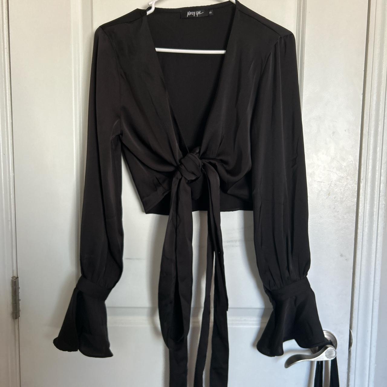 V neck satin wrap top with ruffle sleeves. Tie can - Depop