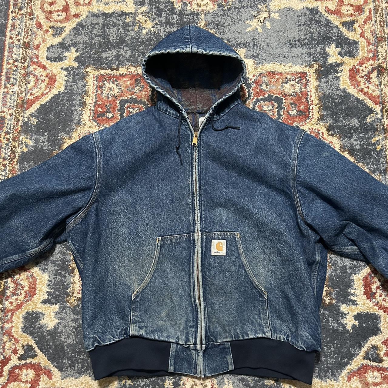 Vintage CARHARTT hot Denim Jean Plaid Lined Hooded Bomber Jacket