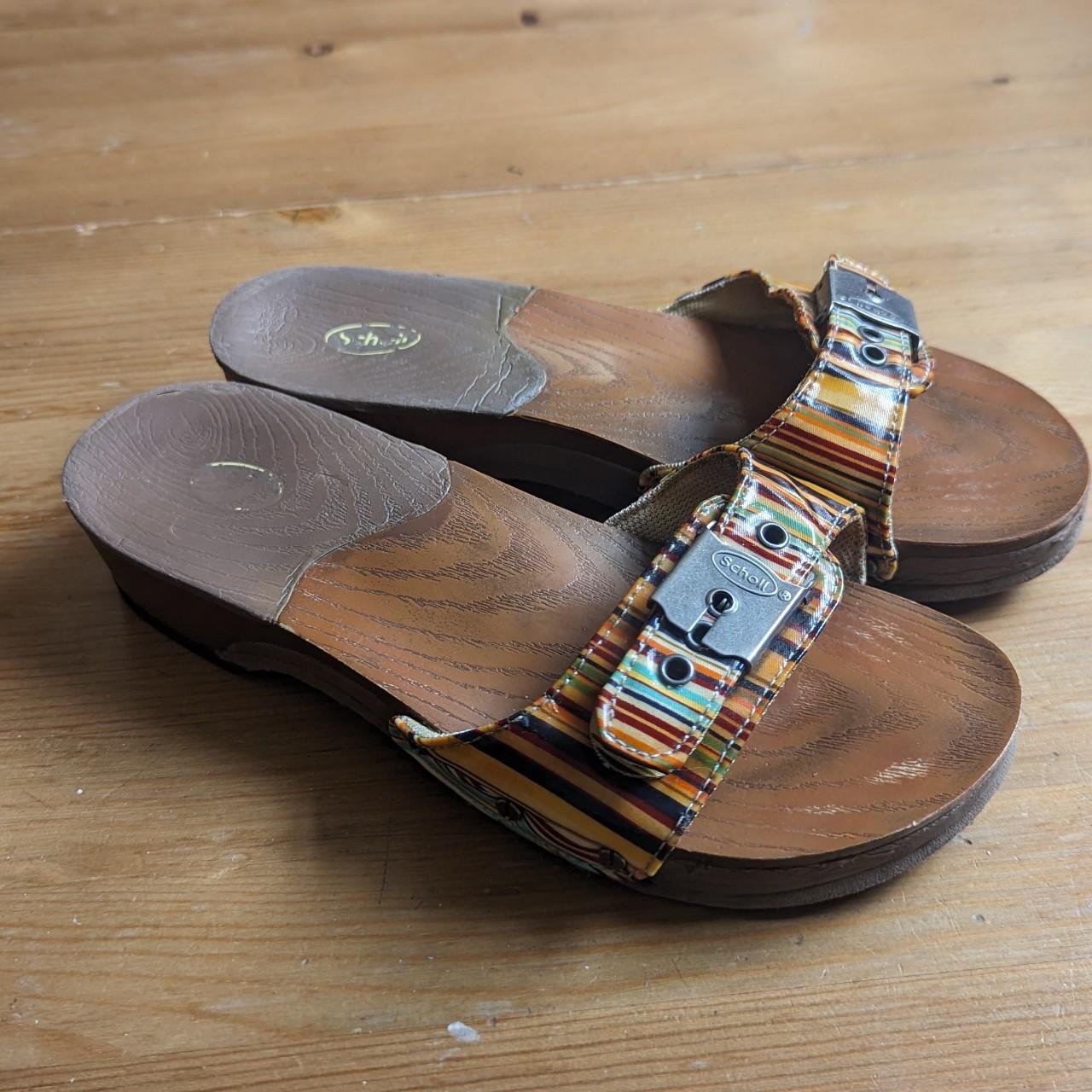 Vintage chunky wooden flip flop sandals with stripey... - Depop