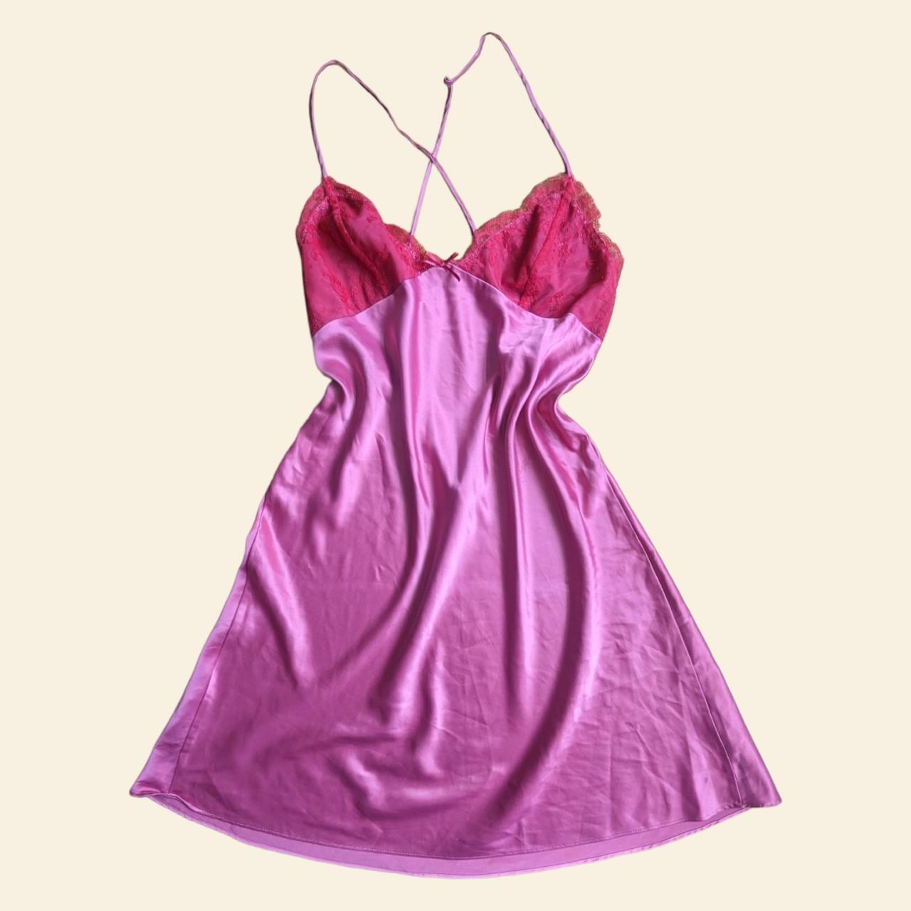 Y2k pink slip mini dress with deep red lace cups and... - Depop