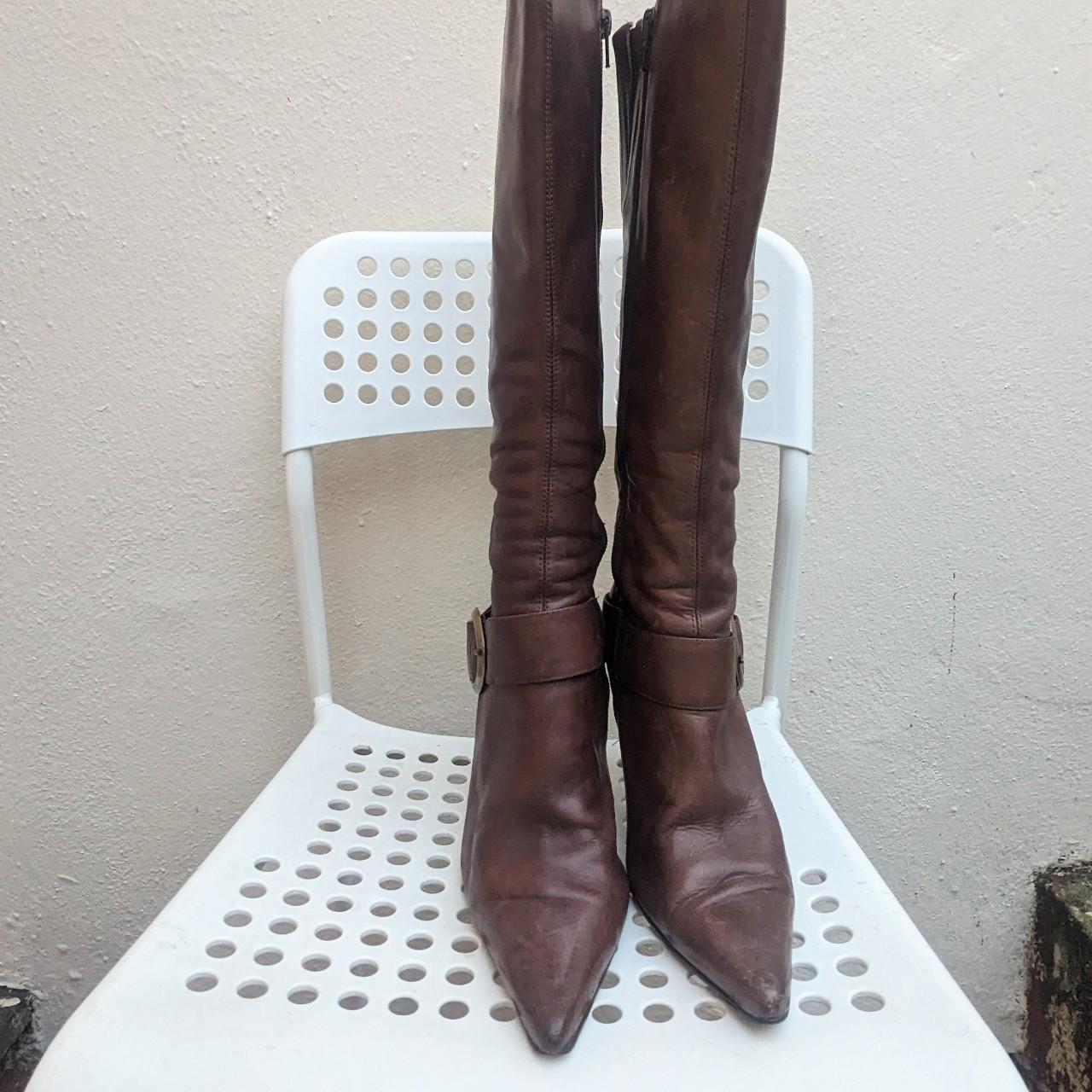 00's dark brown pointed knee high boots with... - Depop