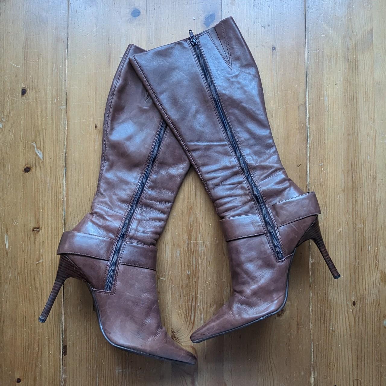 00's dark brown pointed knee high boots with... - Depop