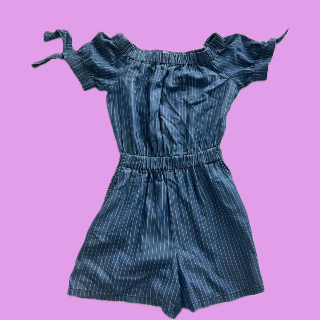 Zara denim off the shoulder striped romper with... - Depop