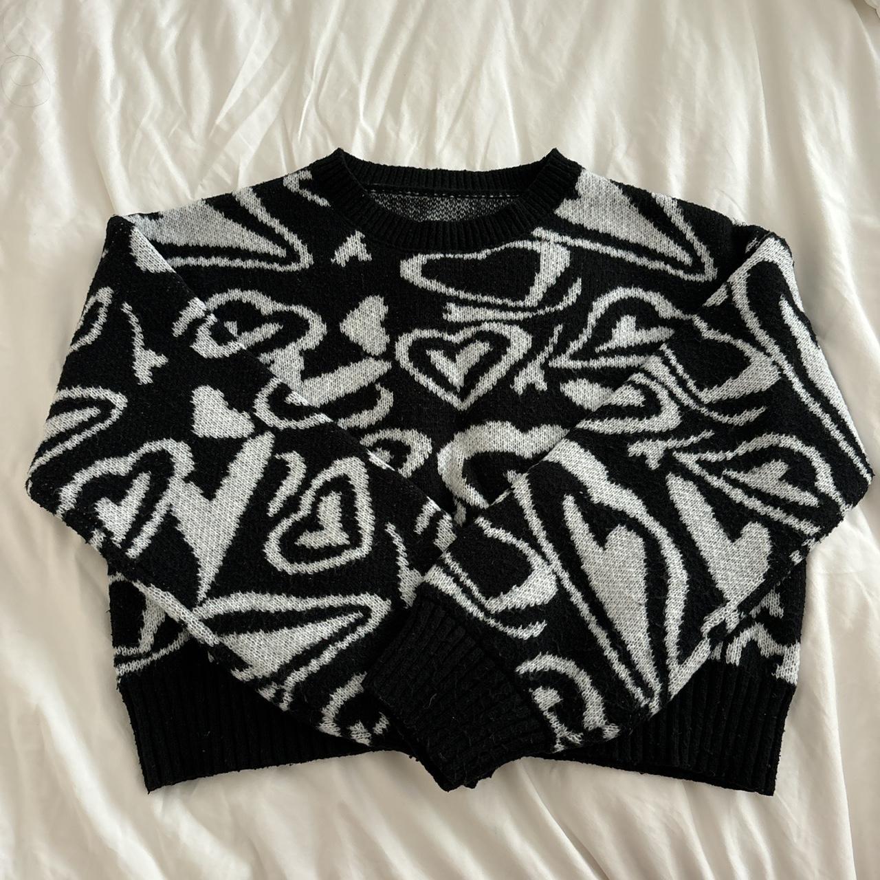 Groovy Psychedelic Black and White Heart Sweater. Depop