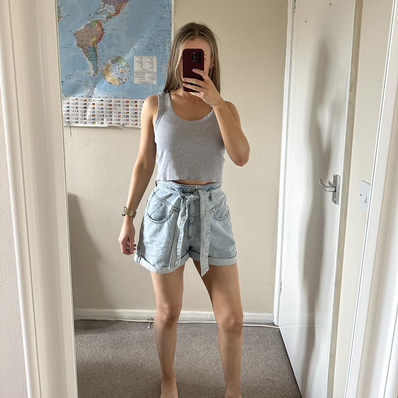 Zara Paperbag Tie Waist Light Blue Denim Shorts... - Depop