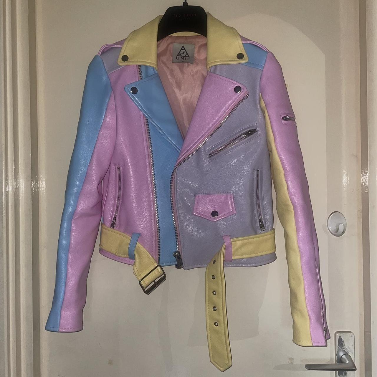 UNIF vegan leather pastel rainbow colour block moto... Depop