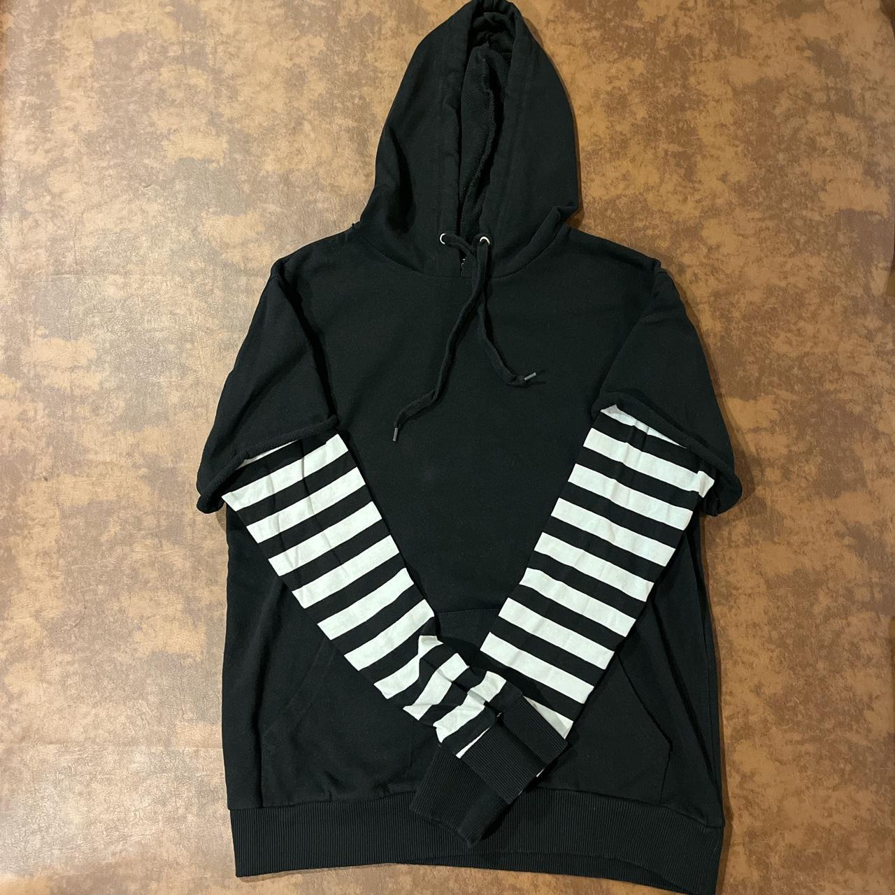 Hot topic black hoodie with white and black striped Depop