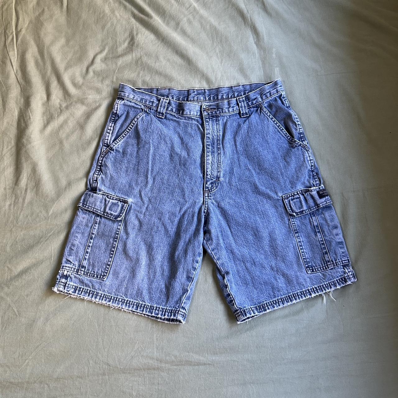 Wrangler faded cargo Jean shorts size 34 with 9inch... - Depop