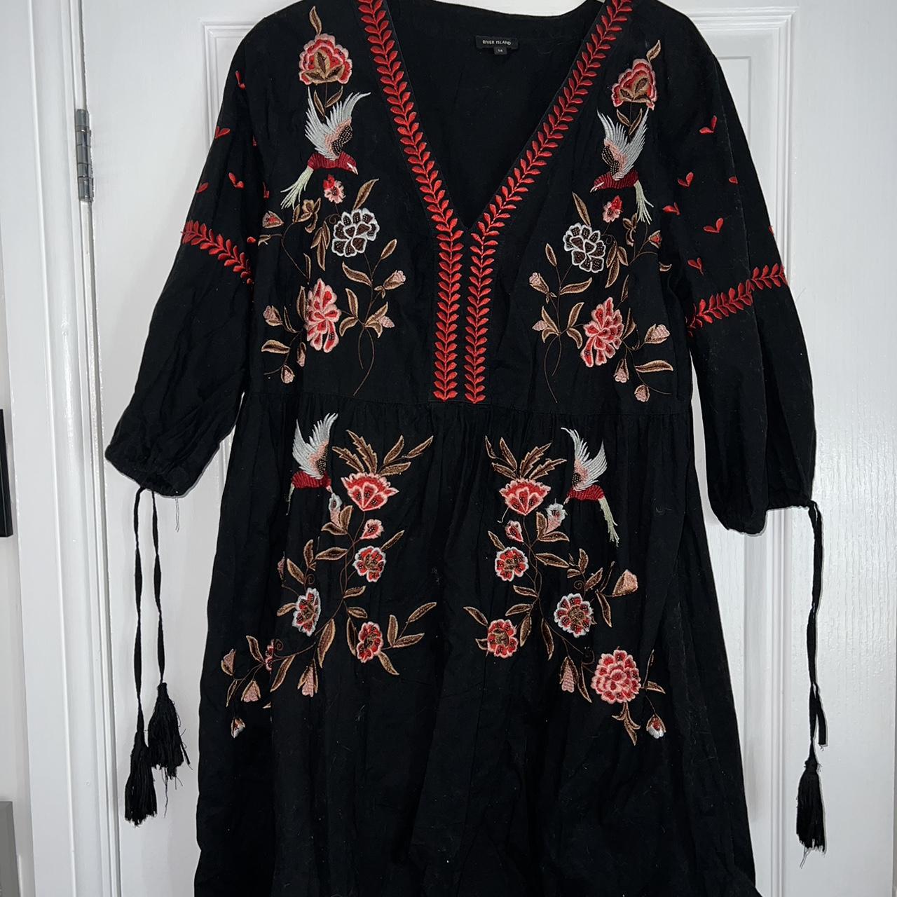River Island black dress with embroidery and tassel... - Depop
