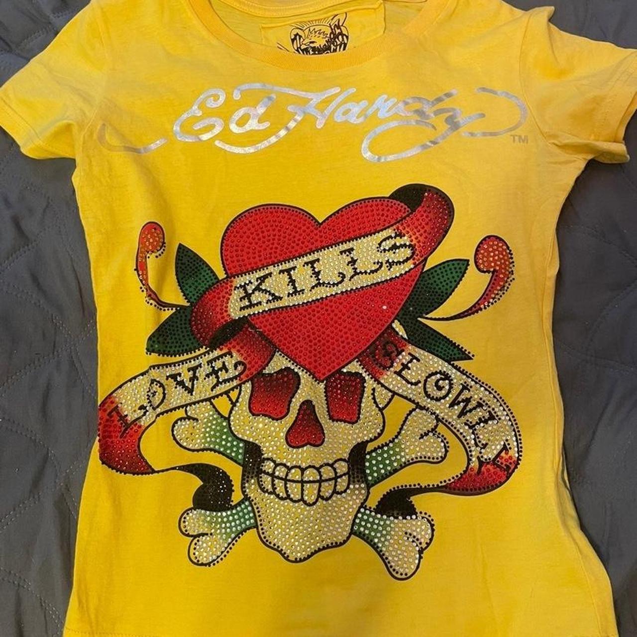 Yellow Ed hardy bling graphic tee Perfect condition... - Depop