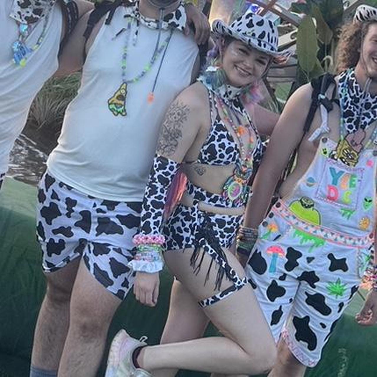 Cow print rave set 🤠 comes with top, fringe sleeves, | Depop