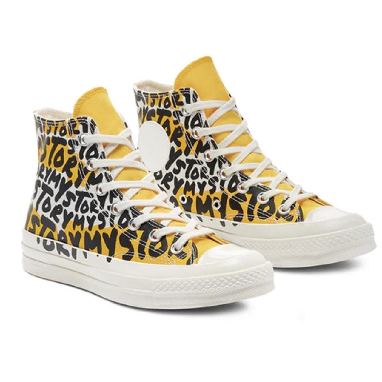 Verliefd Wonen pedaal Graffiti converse sneakers in yellow and... - Depop