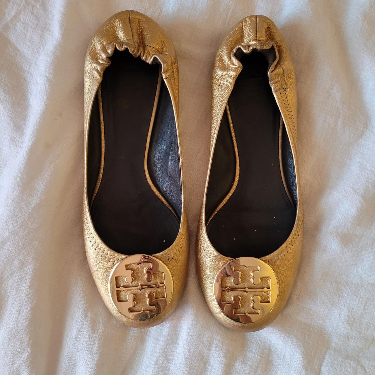 Tory Burch Gold Leather Ballet Flats With Logo - Depop