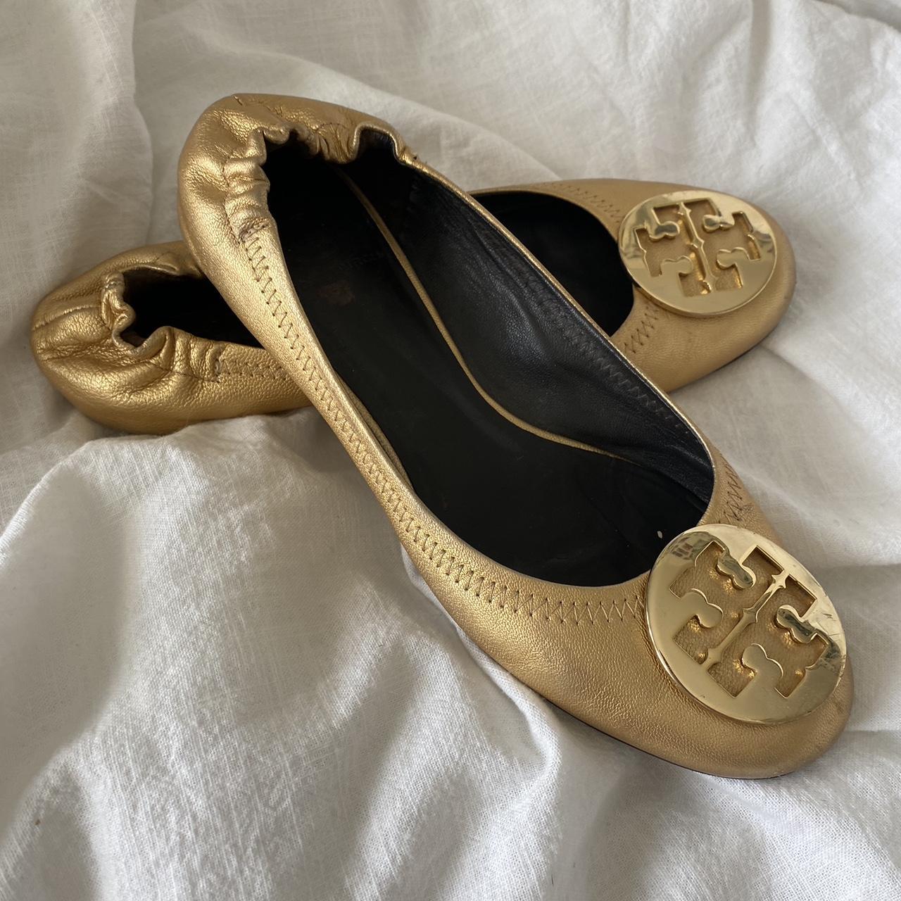 Tory Burch gold leather ballet flats with logo - Depop