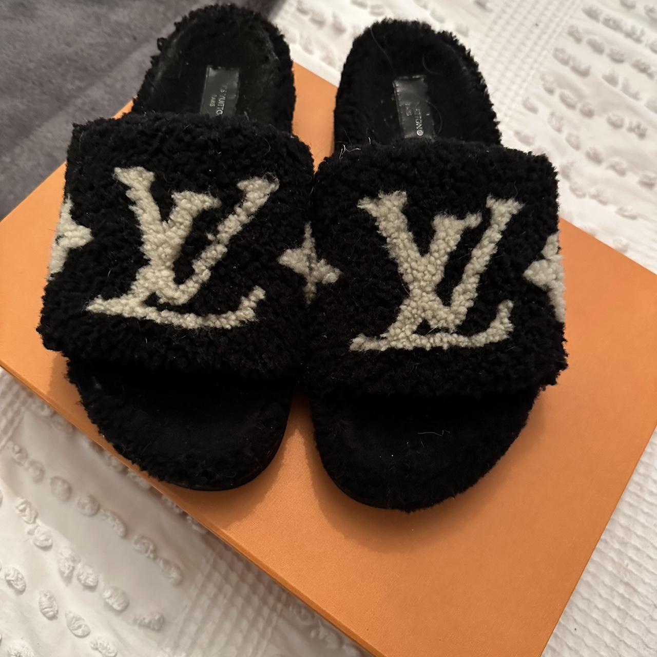 Fluffy Louis Vuitton genuine sliders used condition... - Depop