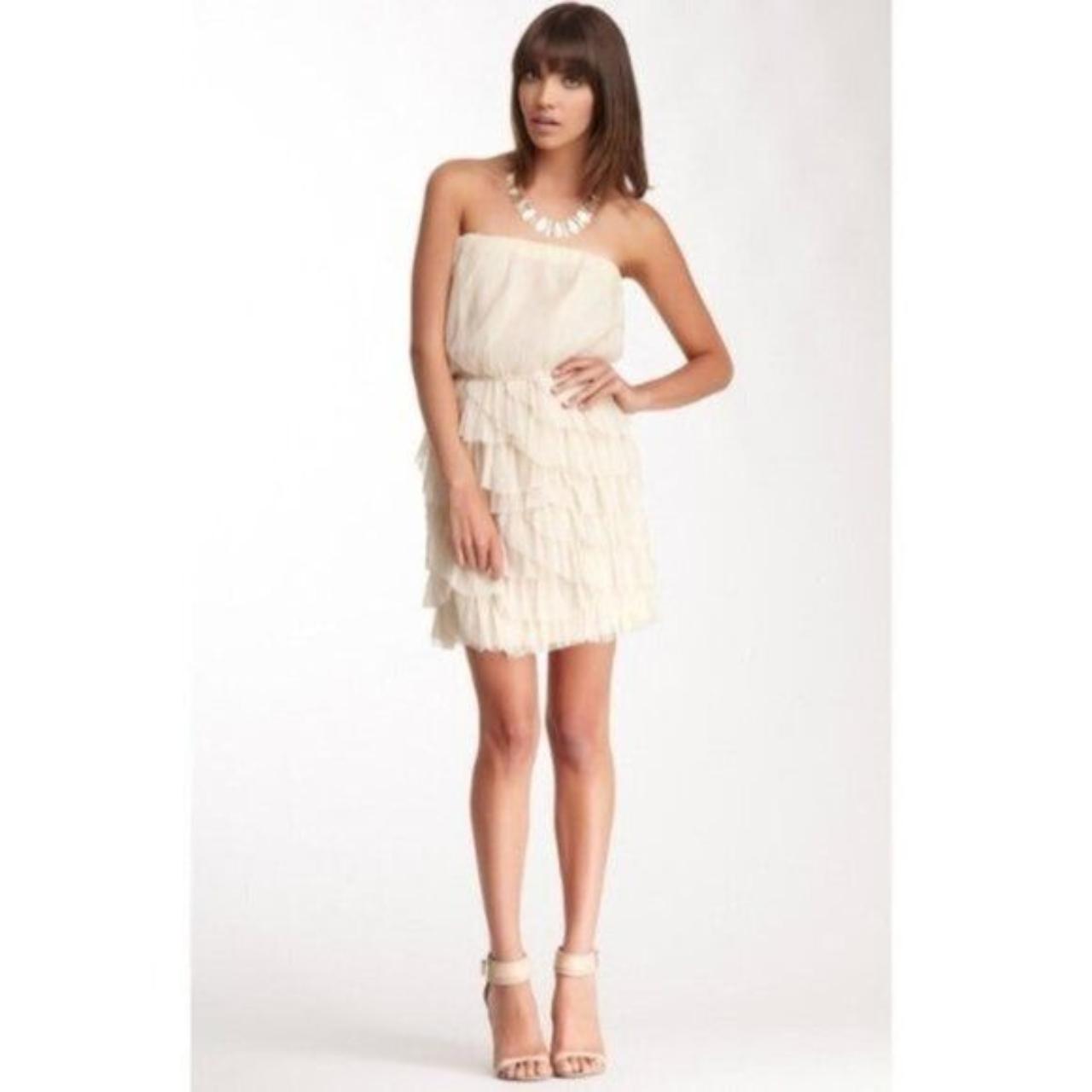 Strapless mini dress with pleated tiered ruffle