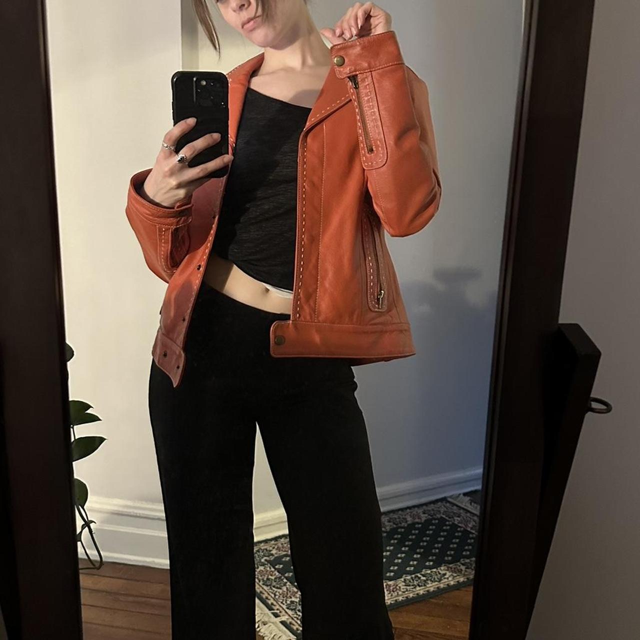 orange leather jacket Great condition, only... - Depop