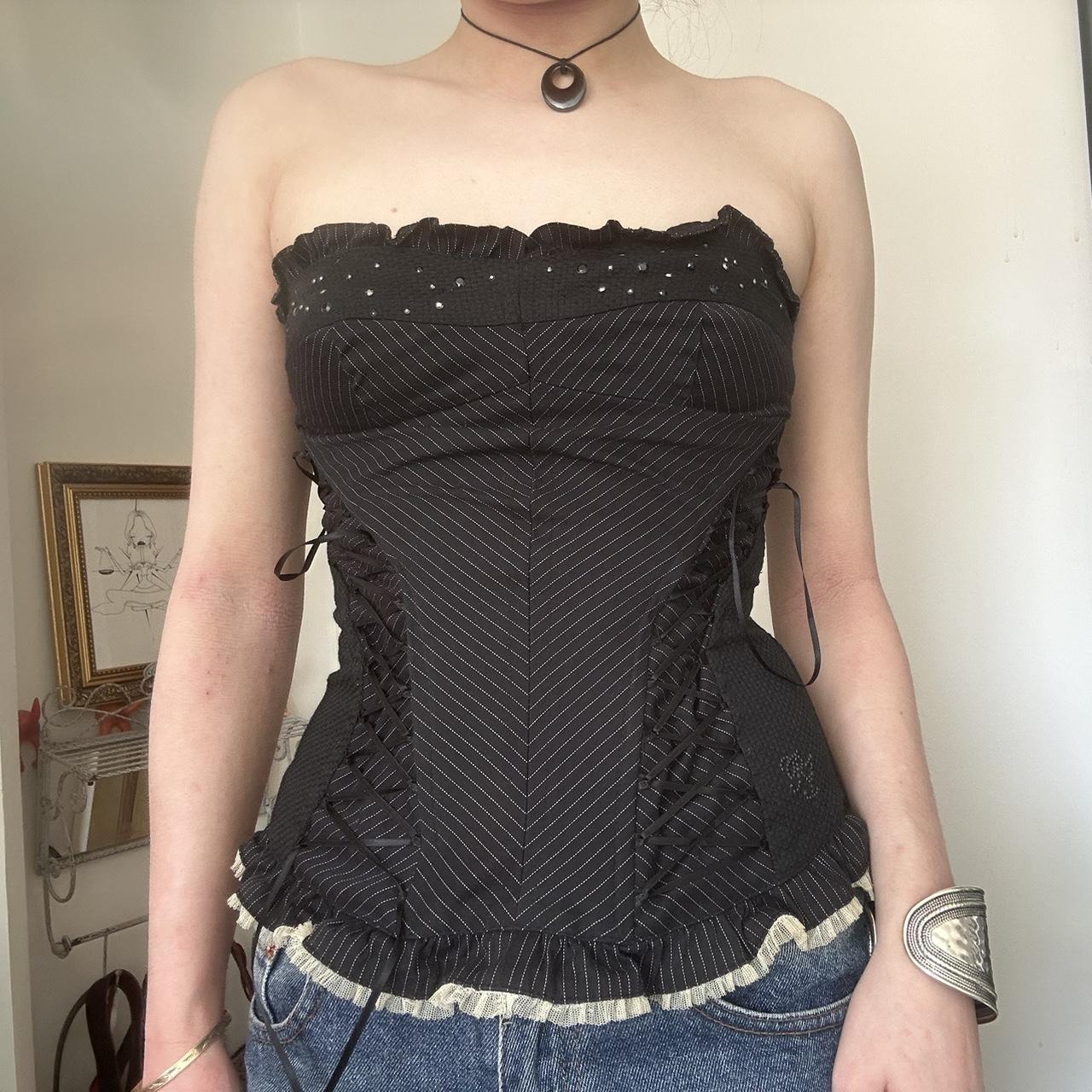 Strapless Pinstripe Lace Up Ruffle Hook And Eye Depop