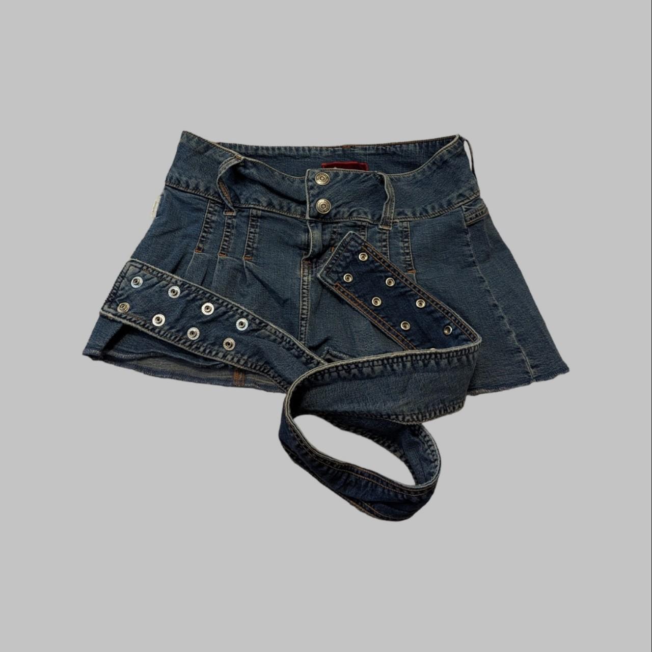 belted micro mini denim skirt, belt has snaps not a... - Depop