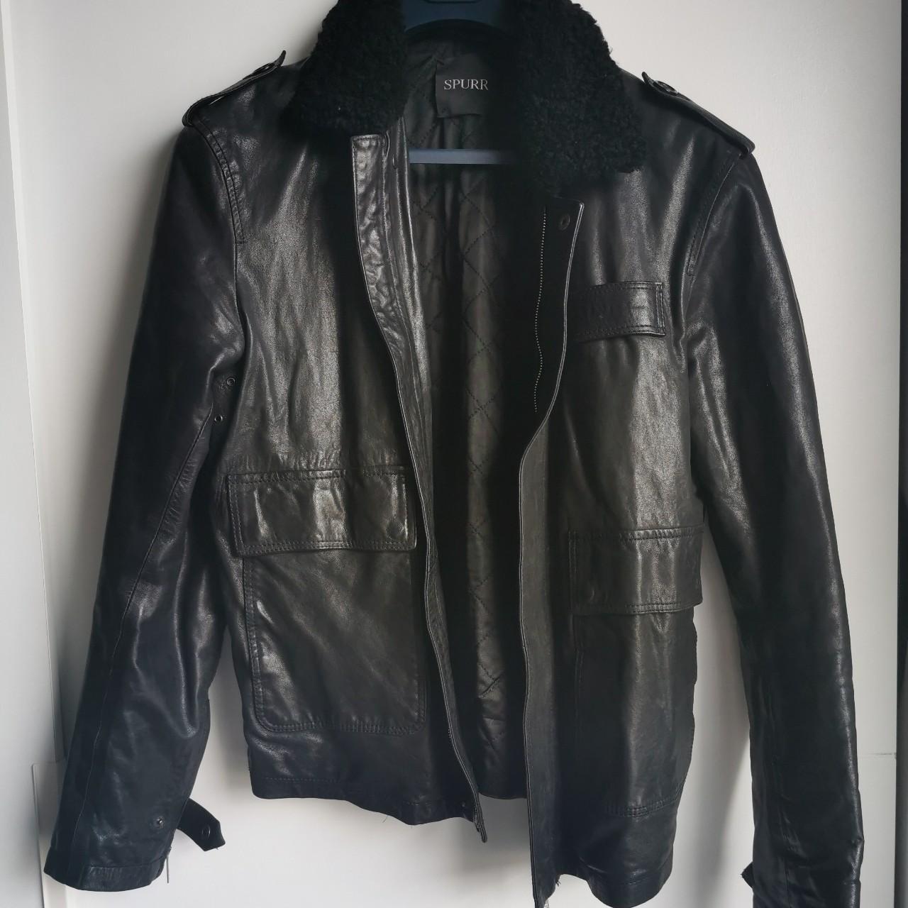 Borg collar leather on sale jacket