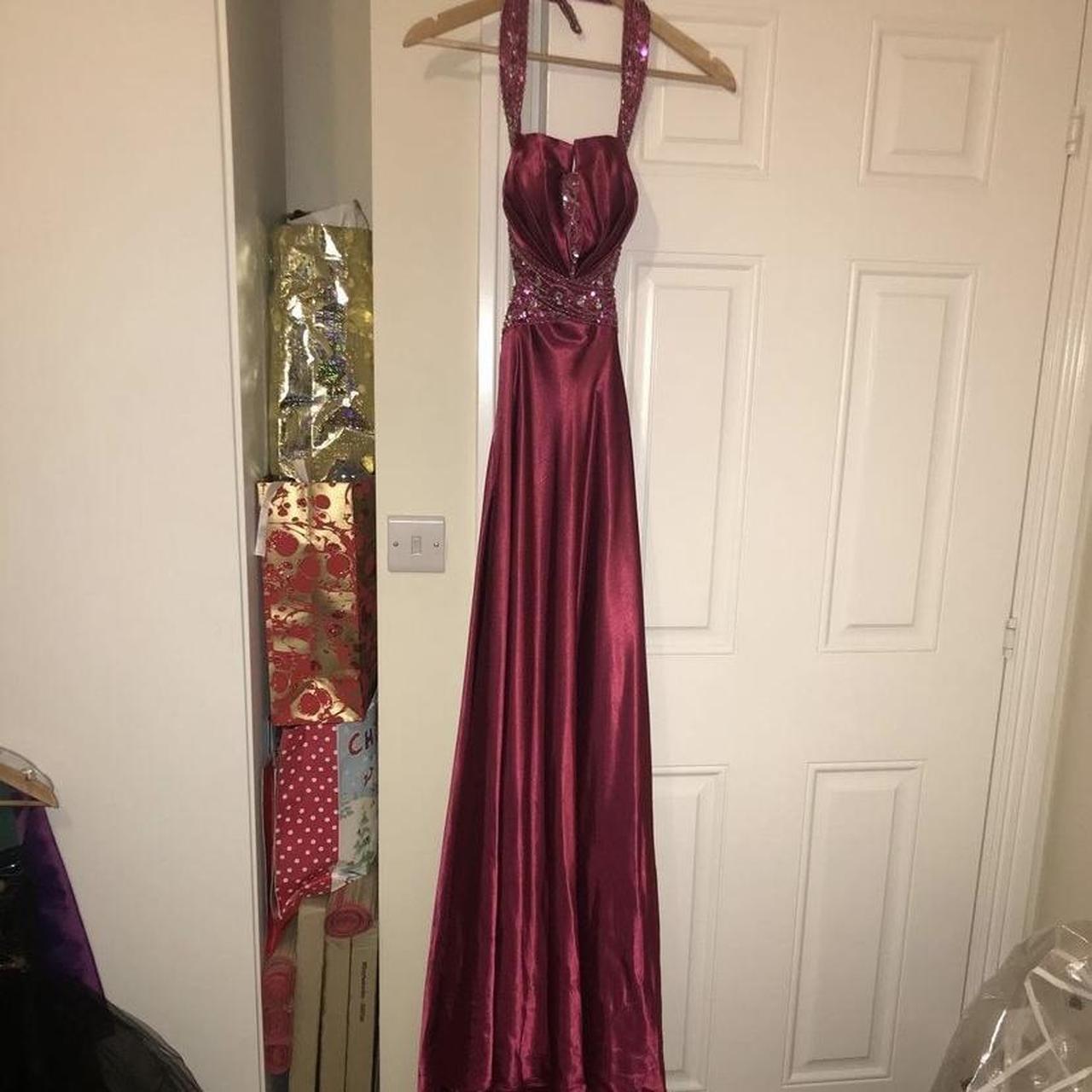 Magenta pink satin prom dress with beading and... - Depop