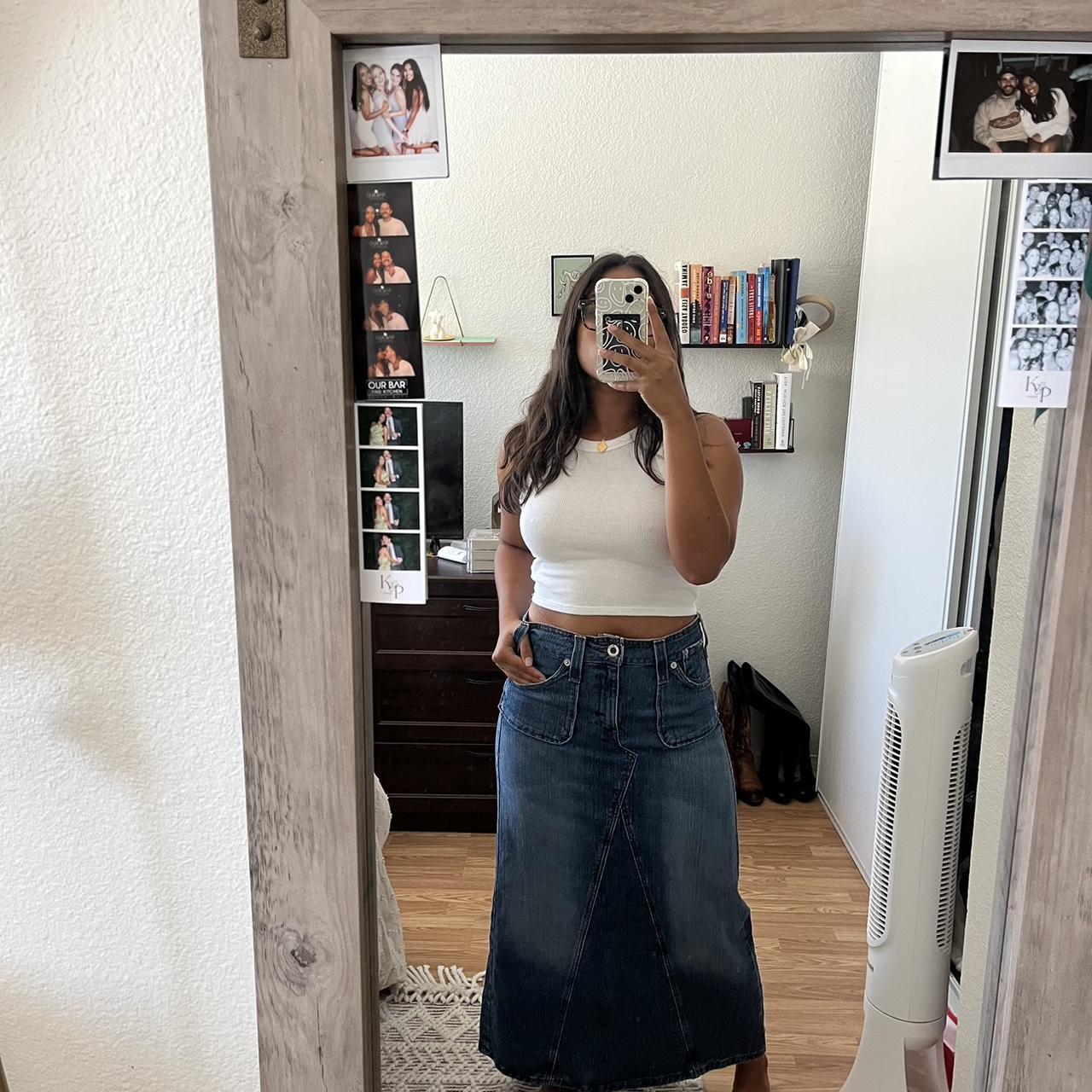 Vintage Levi’s Long Denim Skirt, dark wash long... - Depop