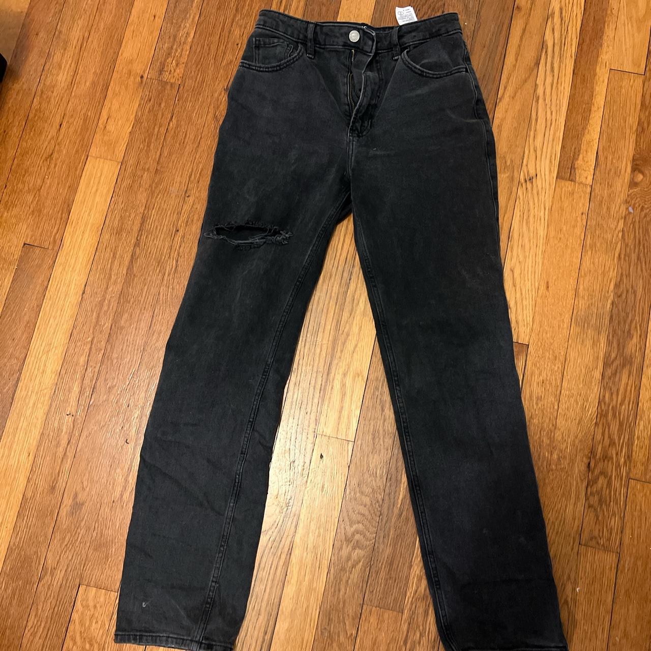 black straight leg hollister jeans one rip in the... - Depop